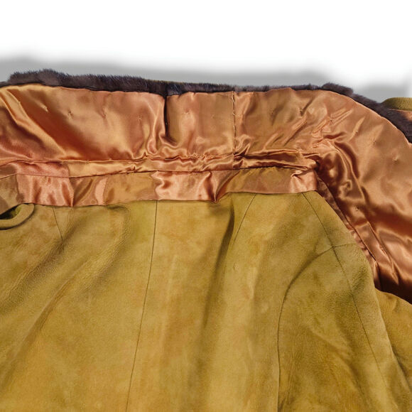 Vintage Suede Leather Fur-Trim Collar Button Front Swing Coat Mustard Ochre 8 - Picture 6 of 11